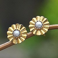 Gold-plated cultured pearl button earrings, 'Origami Bloom' - 22k Gold-Plated Floral Button Earrings with Grey Pearls