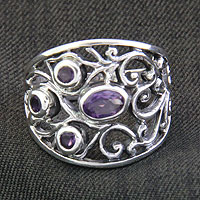 Amethyst band ring, 'Tree of Destiny' - Handcrafted Amethyst and Silver Ring