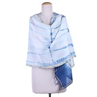 Cotton and silk blend shawl, 'Indigo Dreamscape' - Artisan Crafted Cotton and Silk Shawl in Indigo and White