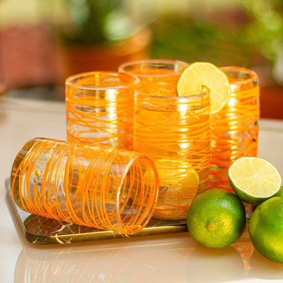 Blown glass water glasses, 'Tangerine Swirl' (set of 5) - Hand Blown Glass Orange Swirl 13 oz Water Glasses (Set of 5)