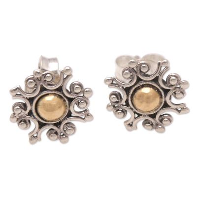 Gold-accented stud earrings, 'Solar Magic' - 18k Gold-Accented Sterling Silver Sun Stud Earrings