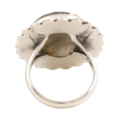 Labradorite cocktail ring, 'Aurora Garden' - Flower Motif Hand Carved Labradorite Ring