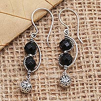 Onyx dangle earrings, 'Lantern Festival' - Sterling Silver and Black Onyx Dangle Earrings