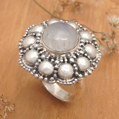 Rainbow moonstone cocktail ring, 'Delightful Bloom' - Sterling Silver Floral Cocktail Ring with Rainbow Moonstone