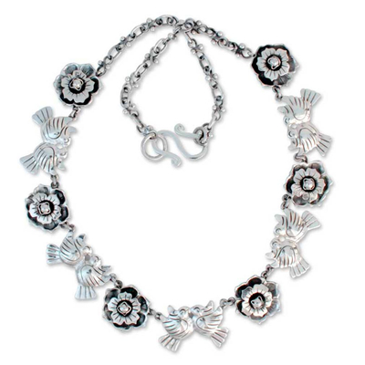 Sterling silver flower necklace, 'Mexican Romance' - Sterling silver flower necklace