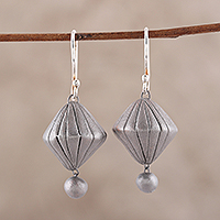 Ceramic dangle earrings, 'Dancing Prisms' - Handcrafted Silver Toned Ceramic Dangle Earrings from India