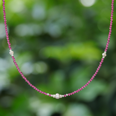 Quartz beaded necklace, 'Fuchsia Style' - Thai Quartz Beaded Necklace with Silver Accents