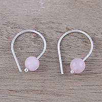 Rose quartz half-hoop earrings, 'Glowing Sunrise' - Handcrafted Sterling Silver and Rose Quartz Earrings