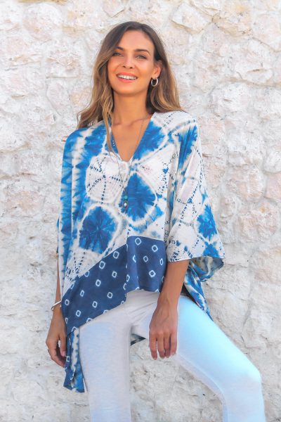 Tie-dyed rayon caftan, 'Indigo Style' - Indigo and Eggshell Tie-Dyed Rayon Caftan from Java