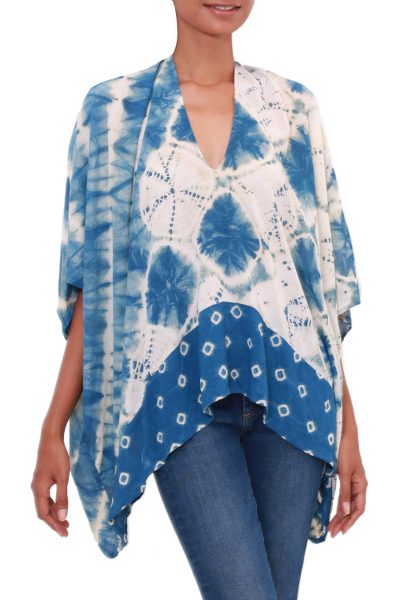 Tie-dyed rayon caftan, 'Indigo Style' - Indigo and Eggshell Tie-Dyed Rayon Caftan from Java