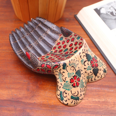 Batik wood catchall, 'Giving Hands' - Hand-Painted Batik Wood Catchall from Java
