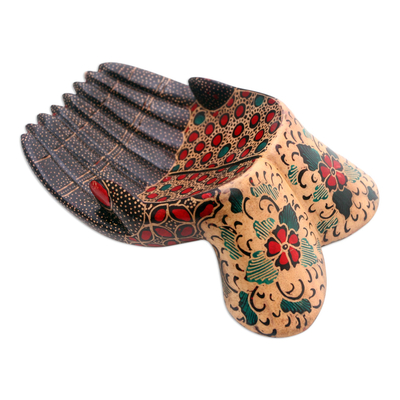 Batik wood catchall, 'Giving Hands' - Hand-Painted Batik Wood Catchall from Java