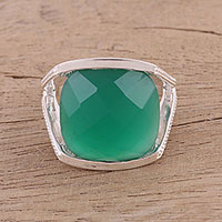 Onyx cocktail ring, 'Verdant Depths' - Faceted Green Onyx Cocktail Ring in Sterling Silver