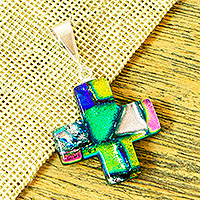 Dichroic art glass cross pendant, 'Colors of Growth' - Artisan Crafted Iridescent Dichroic Art Glass Cross Pendant