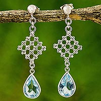 Blue topaz dangle earrings, 'Blue Jasmine Cluster' - Handcrafted Blue Topaz Floral Earrings in Silver