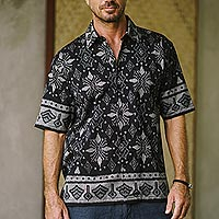 Men's hand-woven ikat cotton shirt, 'Dark Ash' - Hand Woven Men's Ikat Cotton Shirt