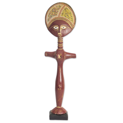 Wood fertility doll, 'Adwoa' - Hand-Painted Sese Wood Fertility Doll with Glass Beads