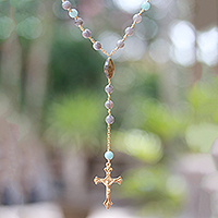 Gold plated labradorite and amazonite rosary, 'Fascinating Cross' - Gold Plated Labradorite and Amazonite Rosary from Bali