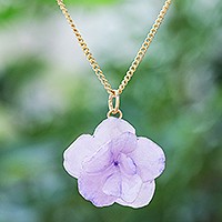 Gold-plated hydrangea petal pendant necklace, 'Wild Hydrangea in Purple' - Gold-Plated Purple Hydrangea Petal Pendant Necklace
