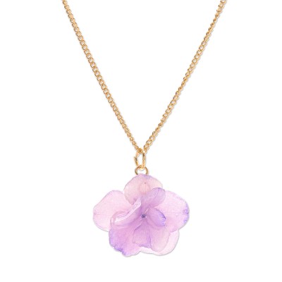 Gold-plated hydrangea petal pendant necklace, 'Wild Hydrangea in Purple' - Gold-Plated Purple Hydrangea Petal Pendant Necklace