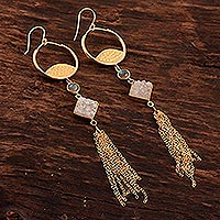 Gold plated drusy quartz and labradorite waterfall earrings, 'Lovely Cascade' - Gold Plated Drusy Quartz and Chalcedony Waterfall Earrings