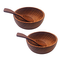 Mini wood bowl and spoon set 'Dynamic Duo' (set of two) - Set of 2 Mini Wood Bowl and Spoon Set