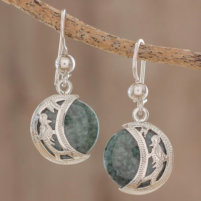 Jade dangle earrings, 'Quetzal Eclipse' - Hand Made Sterling Silver Dangle Jade Bird Earrings