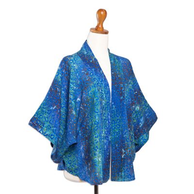 Batik rayon kimono jacket, 'Floral Aurora' - Hand-Stamped Rayon Kimono Jacket