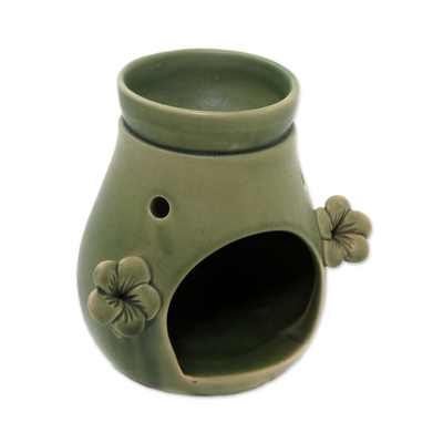 Calentador de aceite de cerámica - Calentador de aceite de cerámica floral verde hecho a mano de Bali