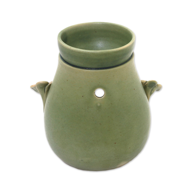 Ceramic oil warmer, 'Frangipani Dreams' - Handcrafted Green Floral Ceramic Oil Warmer from Bali