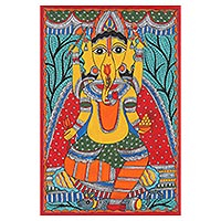 Pintura de Madhubani, 'Lalitasana Ganesha' - Pintura de Madhubani Ganesha sobre papel hecho a mano