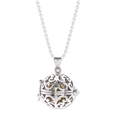 Sterling silver locket necklace, 'Soft Peal' - Handmade Sterling Silver and Brass Locket Necklace