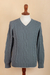100% alpaca men's sweater, 'Dusty Blue' - Men's Blue Pullover Sweater Knit in Peru with 100% Alpaca