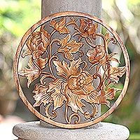 Wood relief panel, 'Powerful Flower' - Suar Wood Flower Round Relief Panel