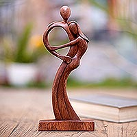 Wood statuette, 'Hug Me' - Hand Made Figurative Suar Wood Statuette