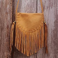 Leather sling bag, 'Caramel Travels' - Handcrafted Leather Sling Handbag in Caramel from Bali
