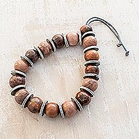 Ceramic beaded bracelet, 'Slices of Desert' - Handcrafted Rosewood Tone Ceramic Bead Adjustable Bracelet
