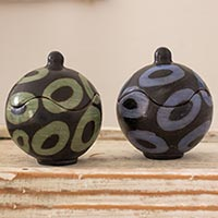 Ceramic boxes, 'Contemporary Ovals' (pair) - Artisan Crafted Round Ceramic Boxes from Honduras (Pair)