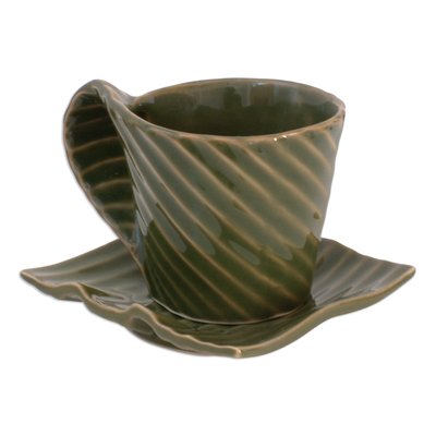 Stoneware cups and saucers, 'Rainforest' (set of 3) - Stoneware cups and saucers (Set for 3)