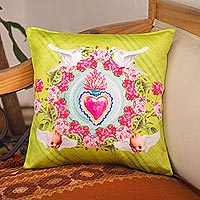Satin cushion cover, 'Angel Baby in Lime' - Chartreuse Printed Satin Cushion Cover