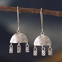Sterling silver chandelier earrings, 'Half Moon Rays' - Sterling Silver Half Moon Shape Earrings with Rectangles