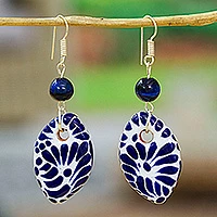 Ceramic and lapis lazuli dangle earrings, 'Puebla Blues' - Lapis Lazuli and Ceramic Dangle Earrings