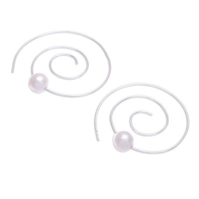 Cultured pearl drop earrings, 'Spiral of the Sea' - Cultured Pearl and Sterling Silver Spiral Earrings