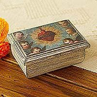 Caja de joyería decoupage, 'Sagrado Corazón' - Caja de joyería decoupage con Sagrado Corazón de México