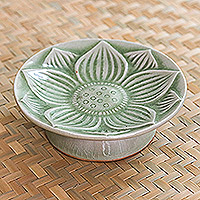 Celadon ceramic footed plate, 'Lanna Lotus' - Floral Motif Footed Plate
