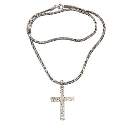 Sterling silver pendant necklace, 'Captivating Cross' - Hammered High Polish Sterling Silver Cross Pendant Necklace