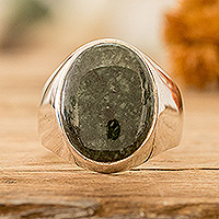 Men's jade domed ring, 'Gallantry and Luck' - Men's Sterling Silver Domed Ring with Black Jade Jewel