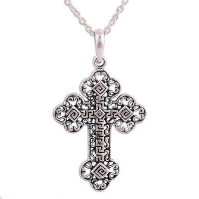 Sterling silver cross pendant necklace, 'Key to Heaven' - Greek Key Motif Sterling Silver Cross Pendant Necklace