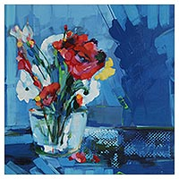 „Vase mit Blumen“ – Blumenstillleben-Gemälde in Blau aus Brasilien