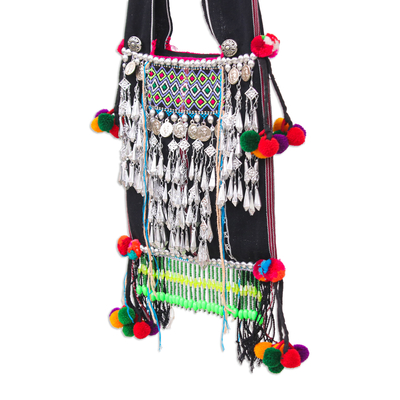Cotton beaded shoulder bag, 'Midnight Customs' - Handcrafted Black Cotton Shoulder Bag with Colorful Accents